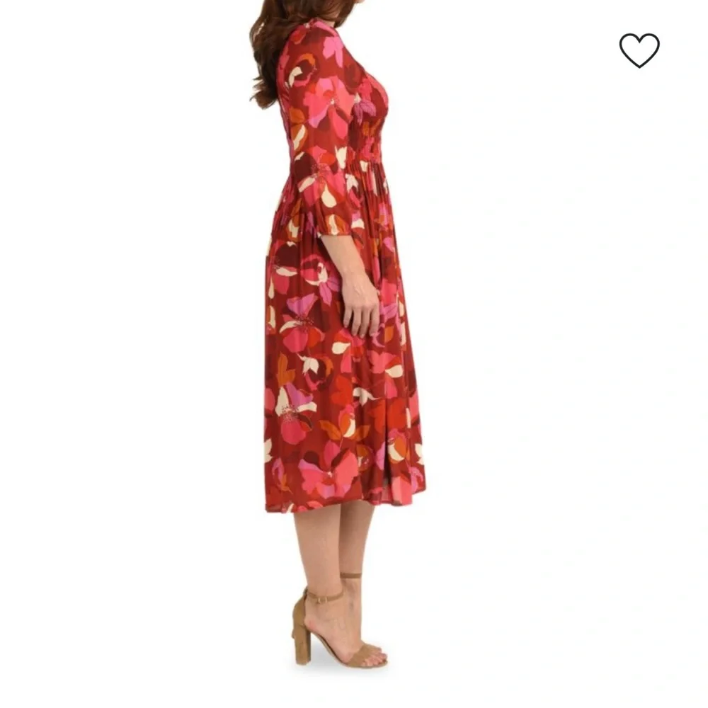DR2 by Daniel Rainn Vibrant Red Floral Print Smocked Bohemian Midi Dress M - Picture 3 of 7